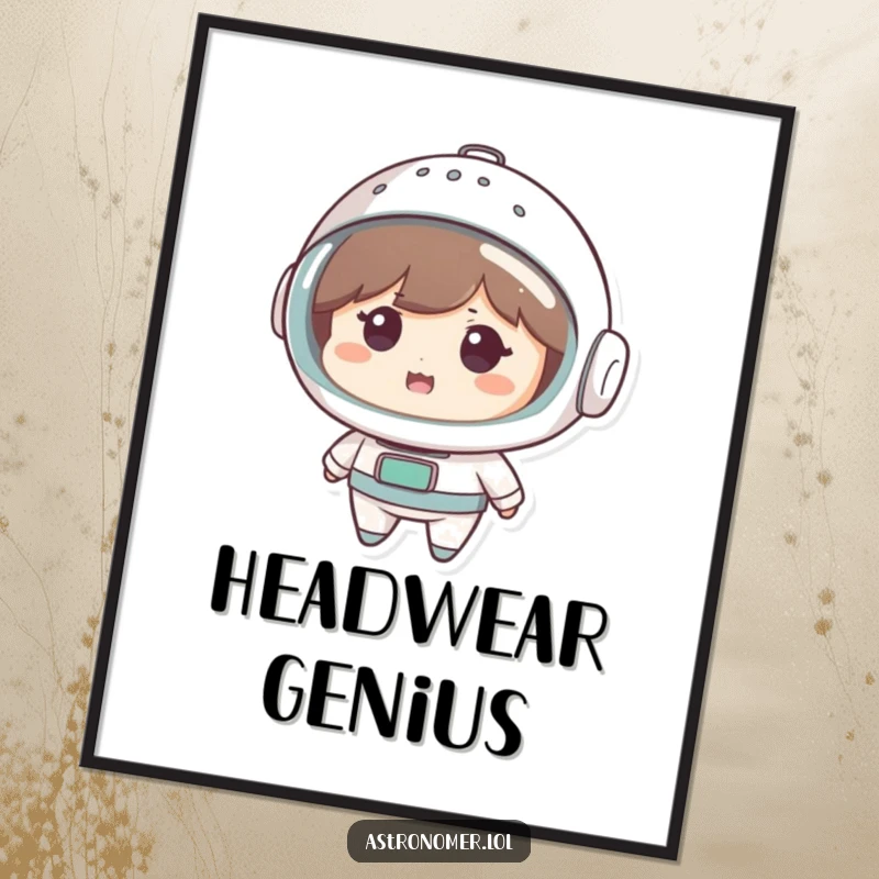 Funny Poster: Cute character looks amused while wearing a colander as a space helmet, depicting humorous and inventive space gear.