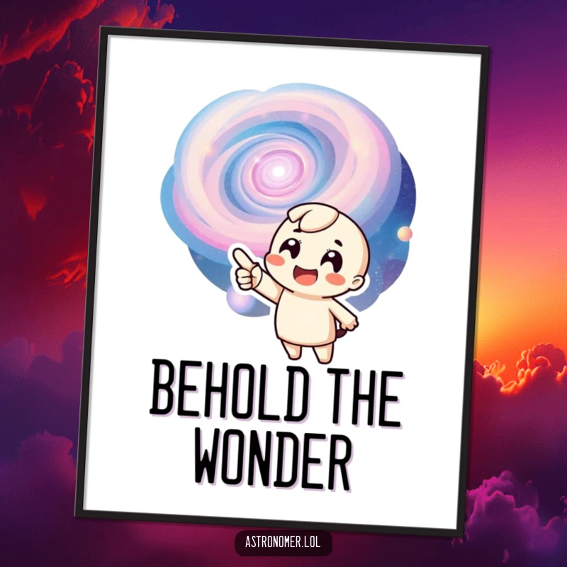 Funny poster of a smiling character ecstatically pointing at a vividly detailed, swirling galaxy, perfect for inspiring awe.