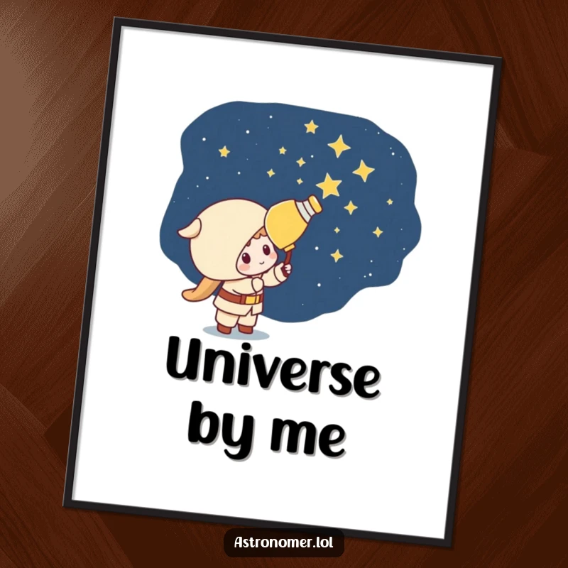 Funny Kawaii astronomer character painting stars onto a dark sky, showcasing mischievous artistic flair on this vibrant poster.