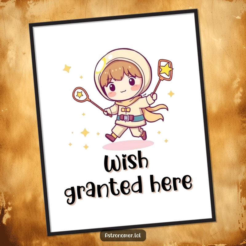 Funny Kawaii astronomer poster of a playful character chasing a shooting star with a net, adding humorous cosmic energy to decor.
