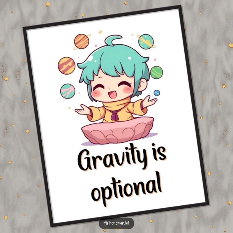 Funny Poster of a character joyfully juggling small planets, showcasing cosmic harmony and happiness.