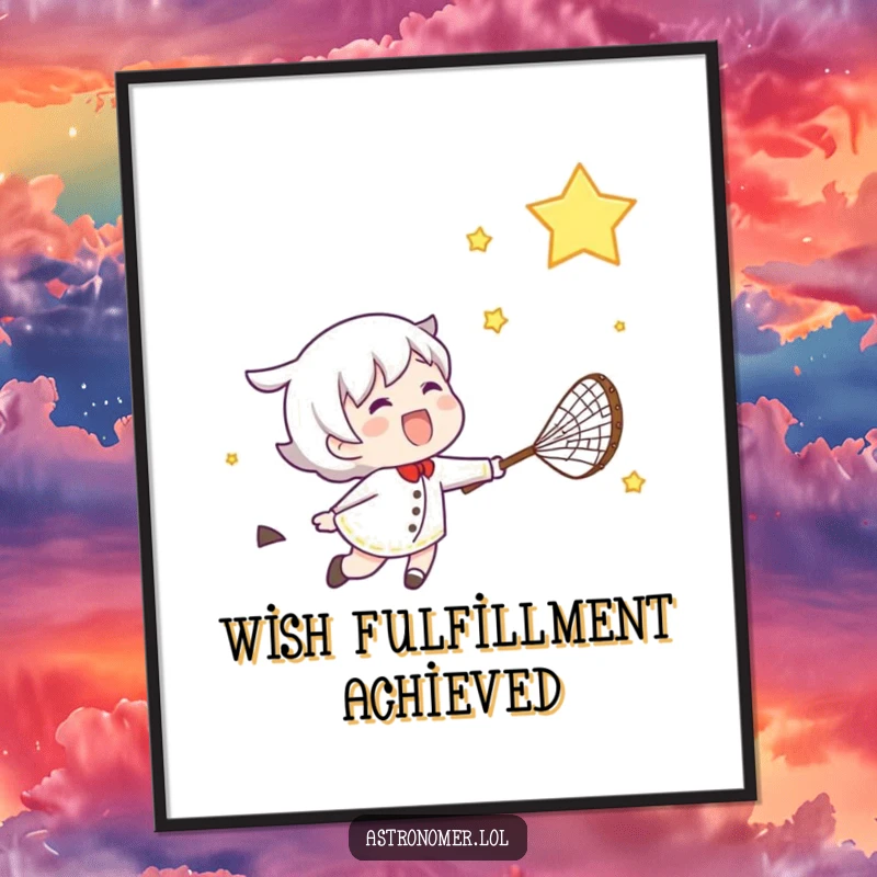 Funny poster capturing a gleeful character's energetic chase of a shooting star with a net, creating a scene of pure joy.