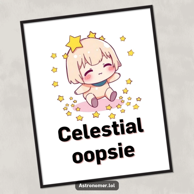 Funny poster showing a character tripping and dropping a scattered trail of twinkling stars, a humorous piece of celestial art.