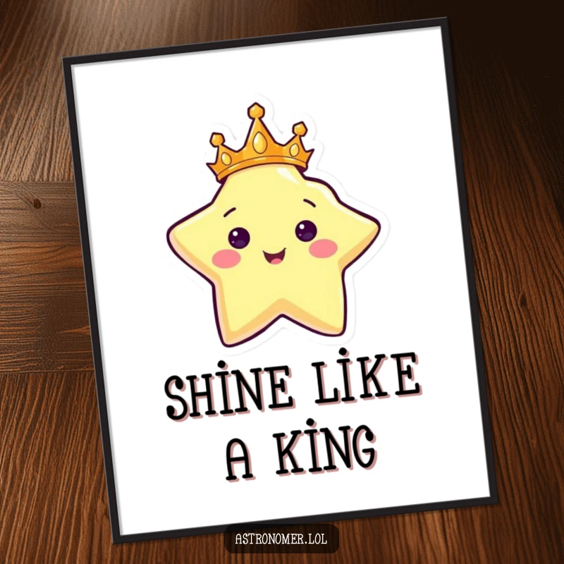 Funny poster of a happy star character wearing a golden crown and shining brightly, radiating positive energy.
