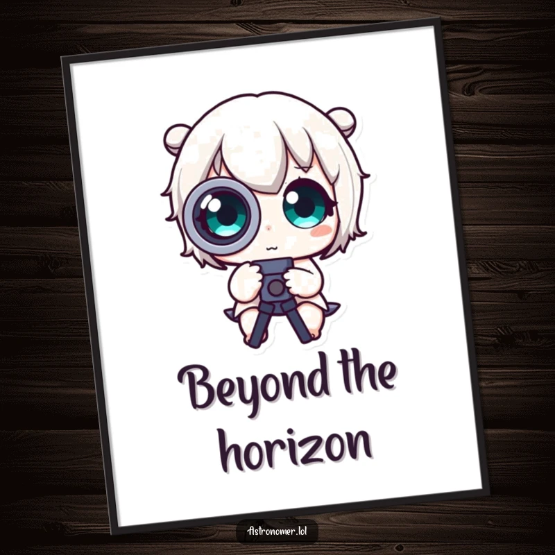 Funny Poster: A cute character with enormous, astonished eyes looks through a telescope, making space exploration hilarious.