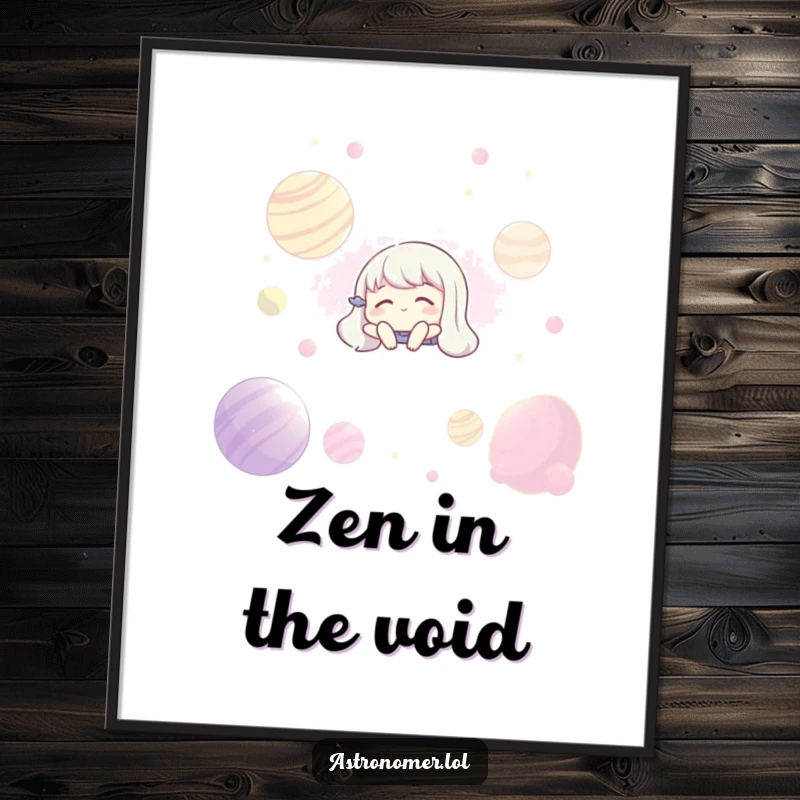 Funny poster of a character floating with eyes closed amongst radiant planets, evoking a deep sense of cosmic peace.