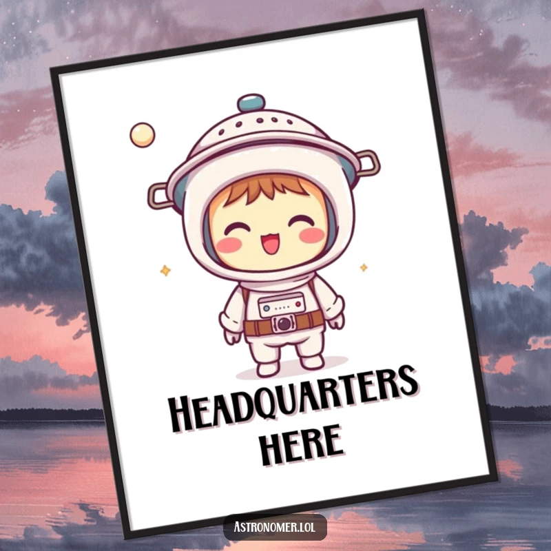 Funny Kawaii astronomer poster of a giggling character wearing a colander as a helmet, adding humorous cosmic vibes to decor.