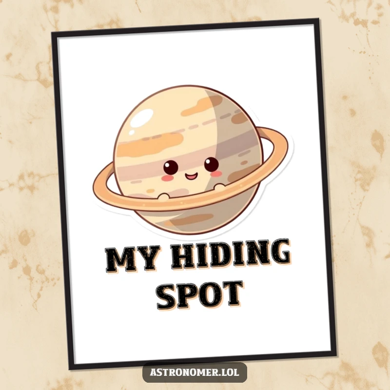 Funny Poster: A curious character with a smile peeks out from behind the immense rings of a planet, inviting playful discovery.