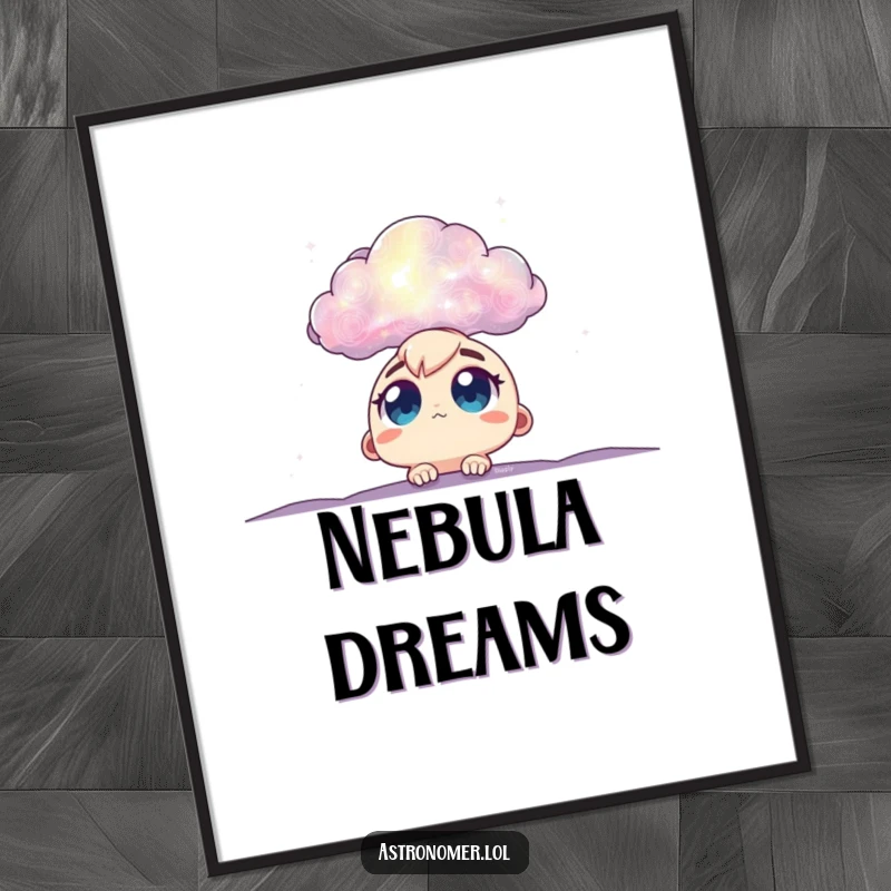 Funny space art poster with big eyes gazing at a nebula cloud, a humorous and dreamy gift for celestial wall decor.
