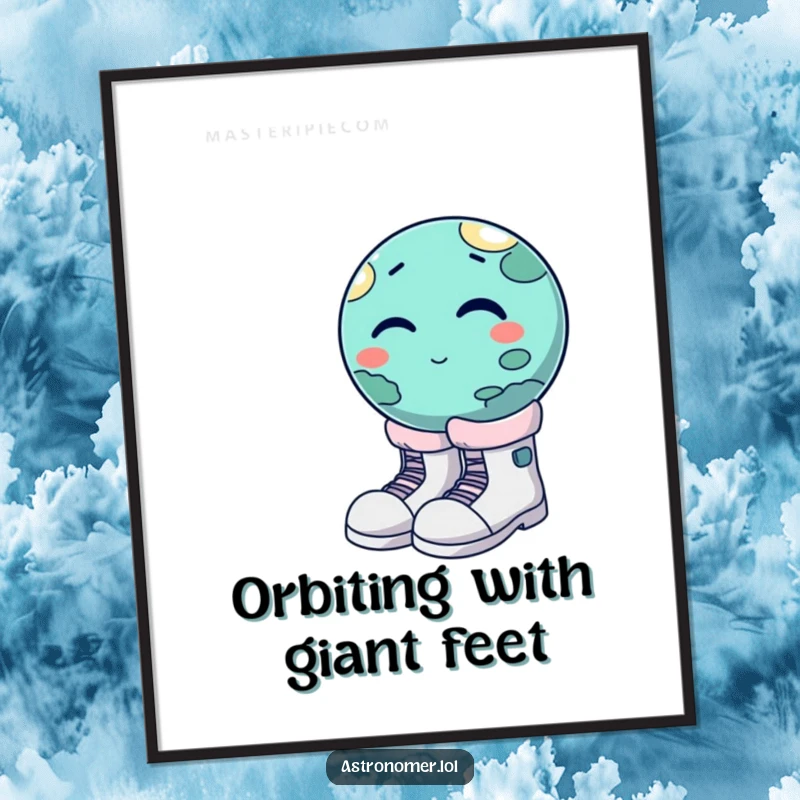 Funny winking planet trying to wear oversized moon boots, humorous celestial wall art, quirky space poster.