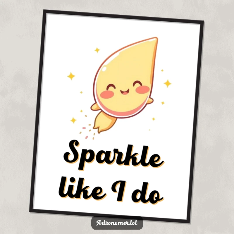 Funny poster print of a gleeful comet character laughing its way through the cosmos, trailing iridescent sparkly dust.