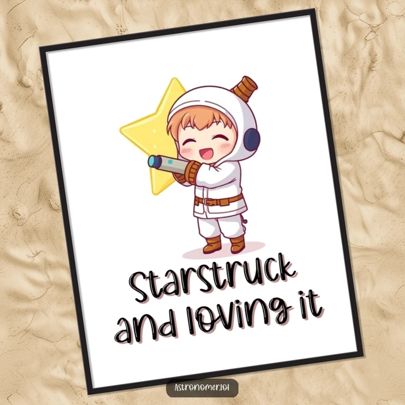 Funny Kawaii astronomer character shown hugging a giant, glowing star, conveying immense delight on this poster.