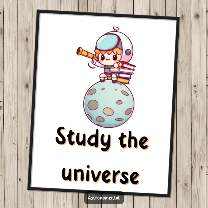 Funny Kawaii astronomer character humorously balancing books on a planet, a determined and inspiring poster.