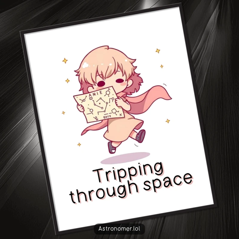 Funny poster depicting a character dramatically tripping while holding a constellation map, perfect for humorous wall decor.