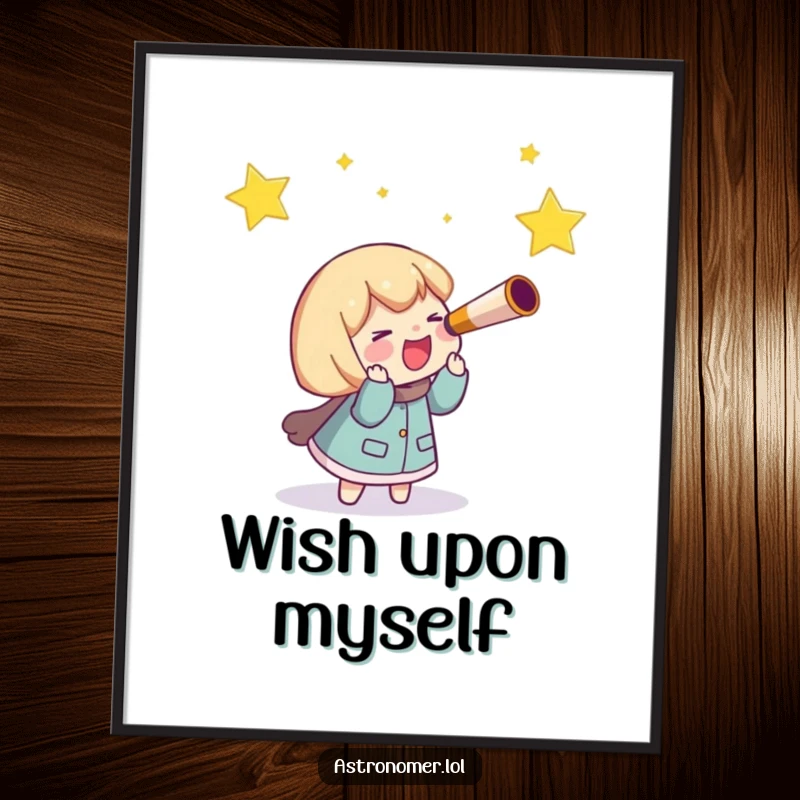 Funny Poster: A character with a telescope giggles uncontrollably while chasing a luminous shooting star across a dark, starry background.