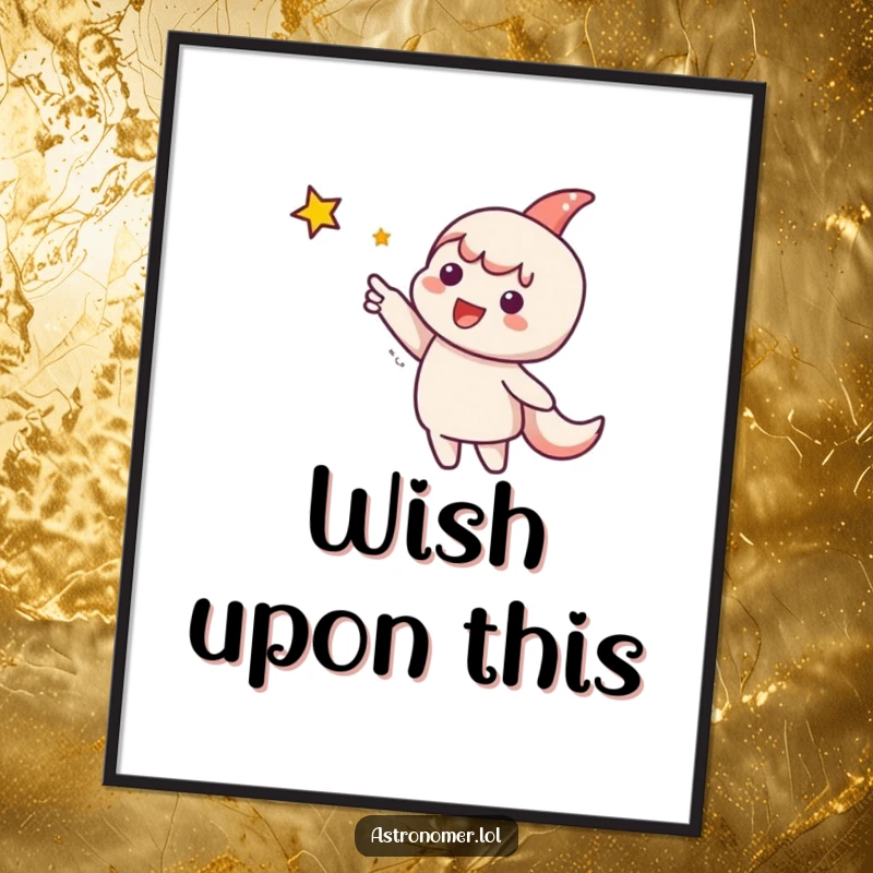 Funny Poster: A cute character points with excitement at a brilliant, distant star against a starry backdrop, evoking wonder and dreams.