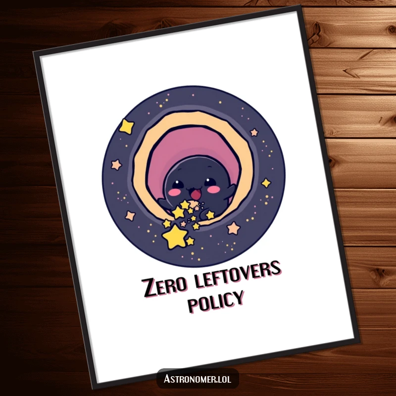 Funny cheerful black hole character playfully slurping small stars, humorous wall art.