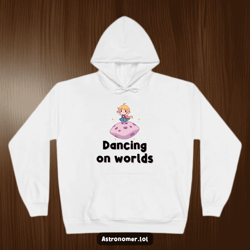 Funny hoodie showing a character dancing enthusiastically on a floating asteroid, ideal for staying warm and joyful.