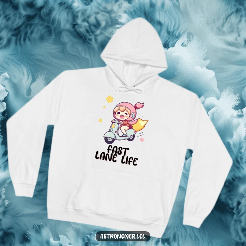 Funny Hoodie: A joyful character is depicted riding a comet like a scooter, zipping through the starry expanse with a huge smile.