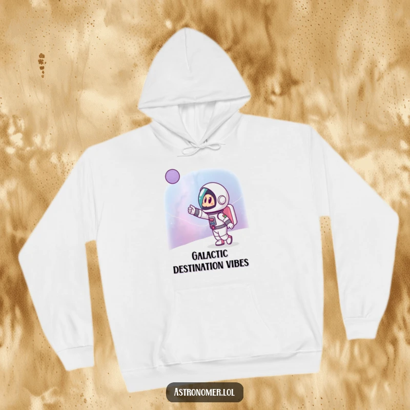 Funny hoodie with a cartoon astronaut enthusiastically pointing at a vast, distant galaxy, perfect for warmth and cosmic dreams.