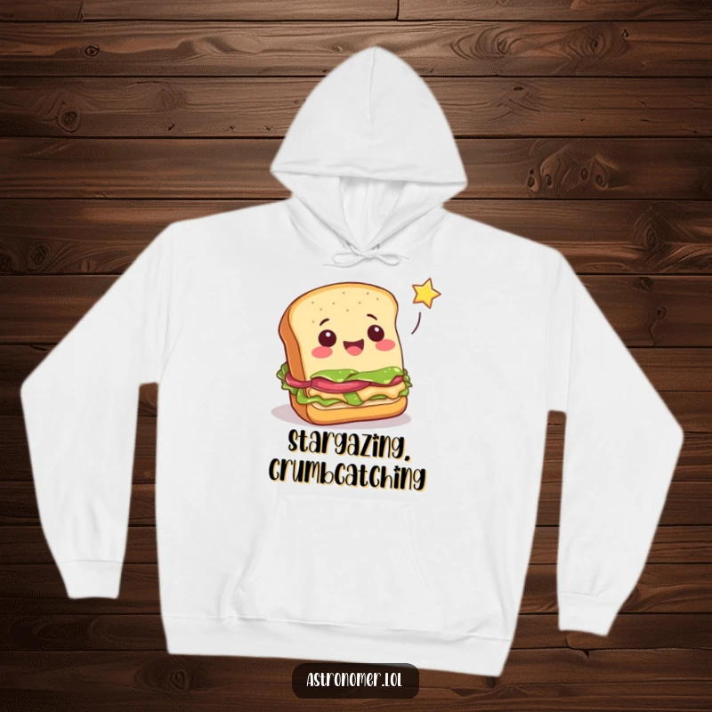 Funny cheerful sandwich attempting to catch a falling star, comfortable and humorous food hoodie, whimsical gag gift.
