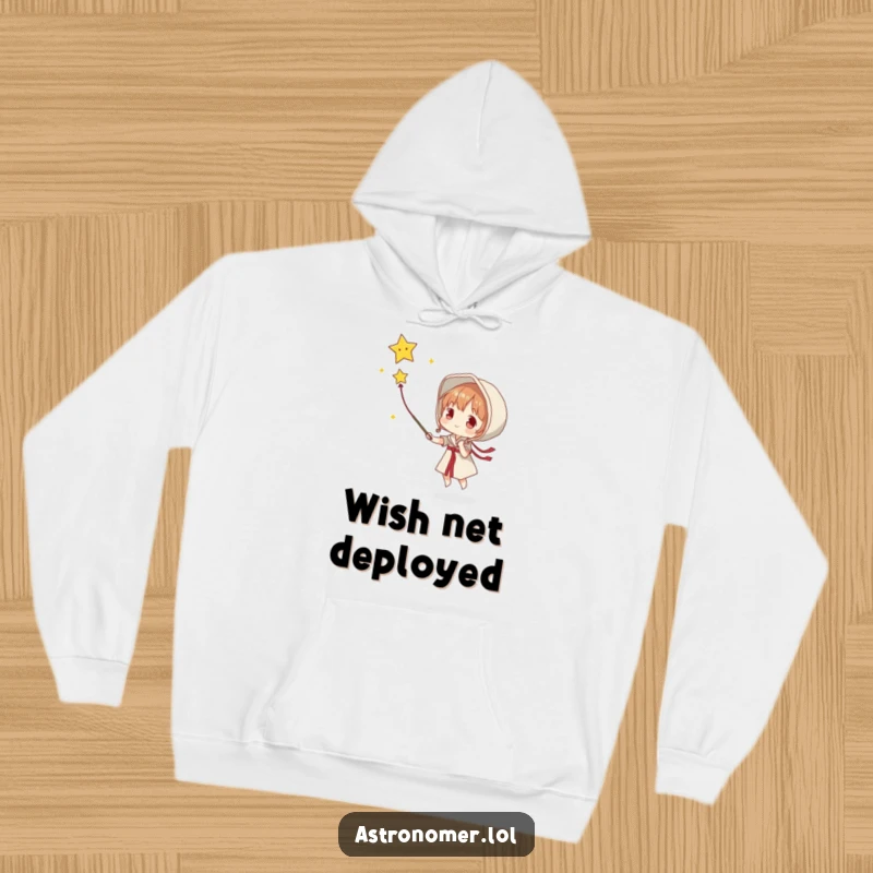 Funny hoodie design of a character attempting to catch a falling star with a net, capturing a moment of hopeful pursuit.