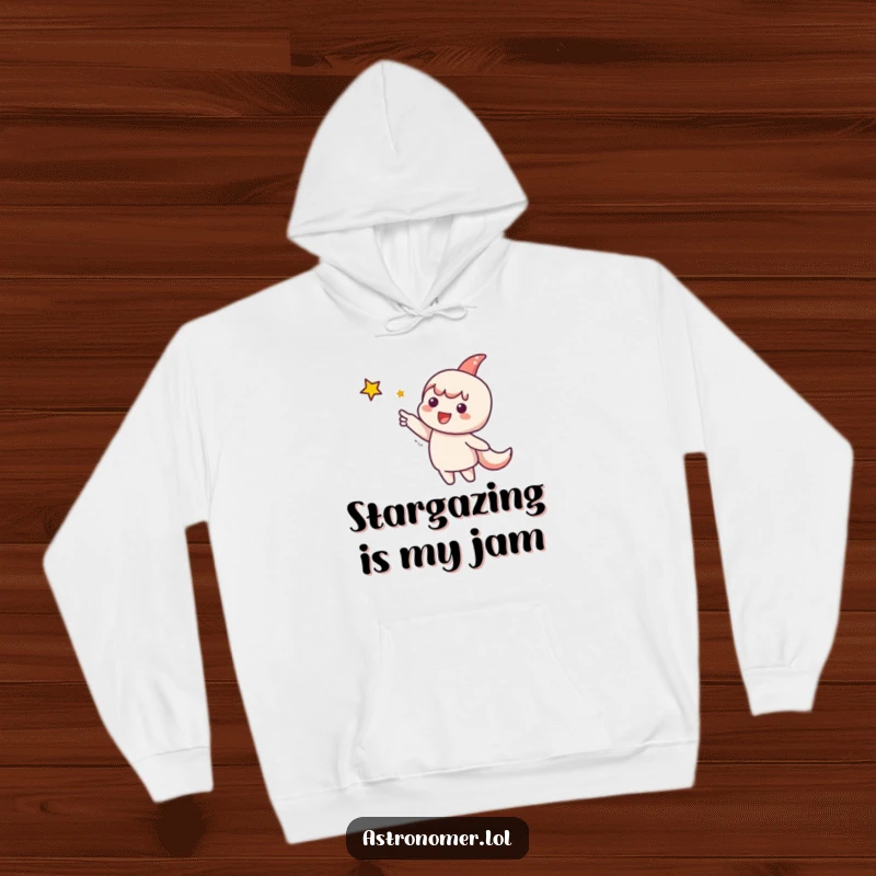 Funny Hoodie: Cute character enthusiastically points at a sparkling star, inspiring awe and a sense of limitless possibility for space fans.