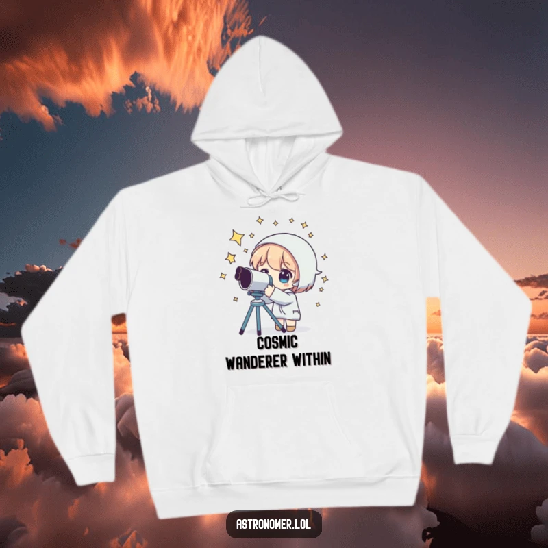 Funny hoodie depicting a character stargazing through a telescope, surrounded by a halo of stars, embodying cosmic wonder.
