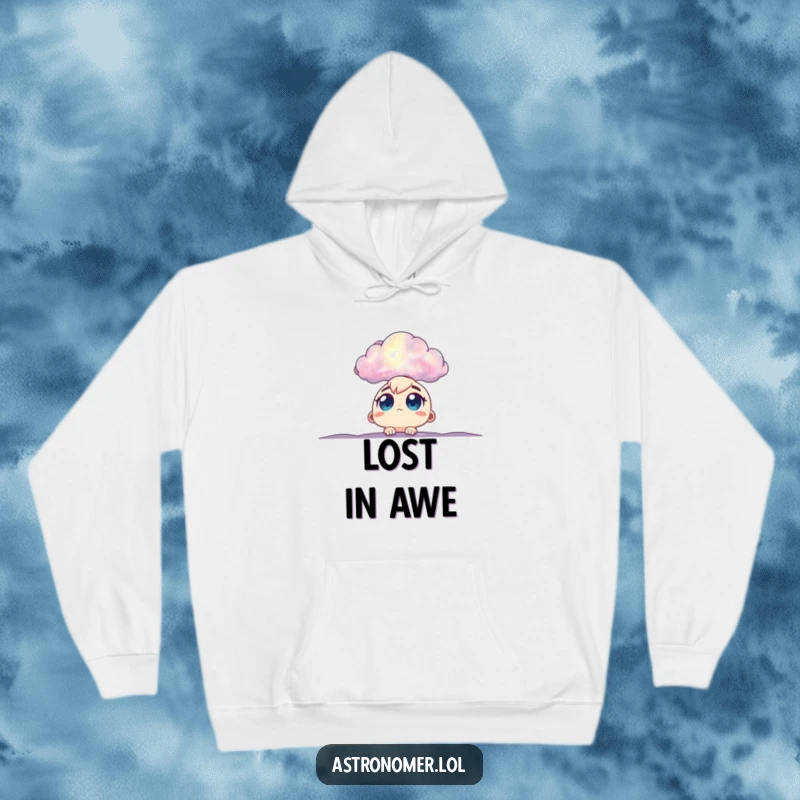 Funny hoodie featuring big eyes gazing in wonder at a nebula, a cozy and humorous gift for celestial admiration.