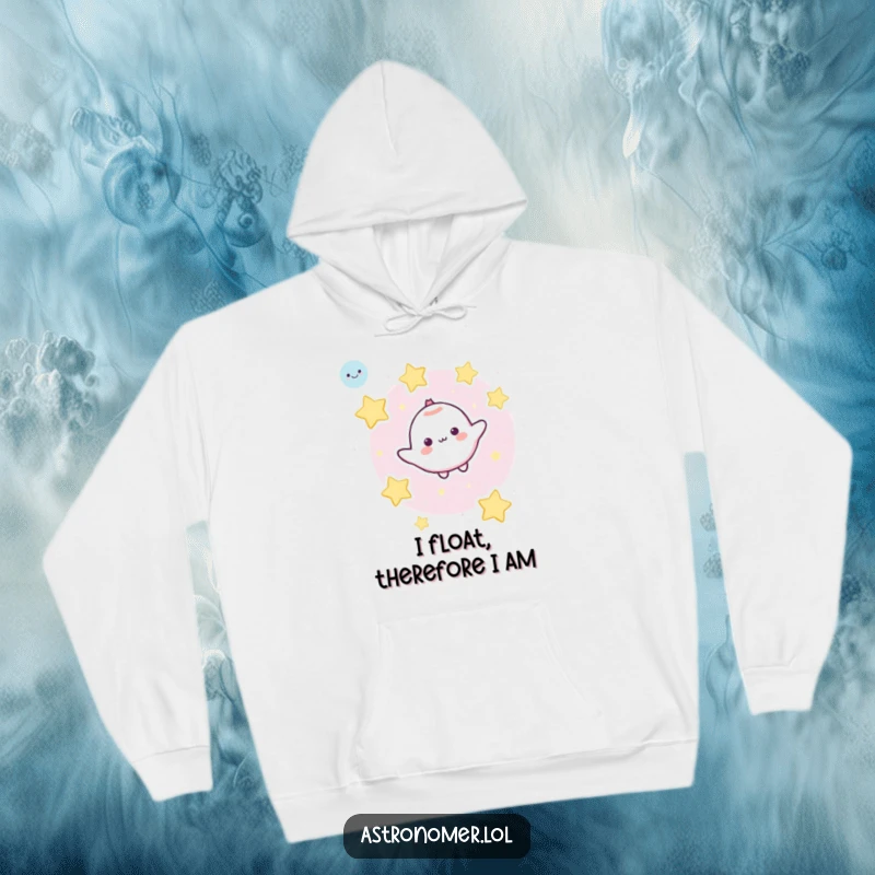 Funny Hoodie: A cute character enjoys weightless bliss in space, surrounded by a constellation of friendly, cartoon stars.