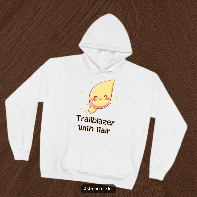 Funny hoodie featuring a laughing comet creature soaring through the galaxy, leaving a sparkly cosmic trail, ideal for cold nights.
