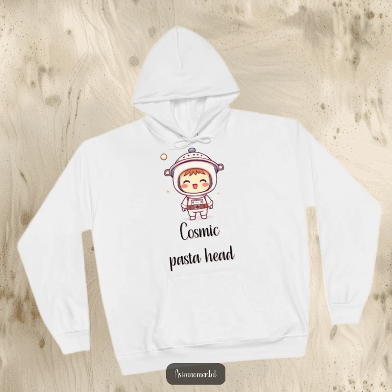 Funny Kawaii astronomer hoodie depicting a giggling character wearing a colander as a helmet, offering humorous warmth and style.