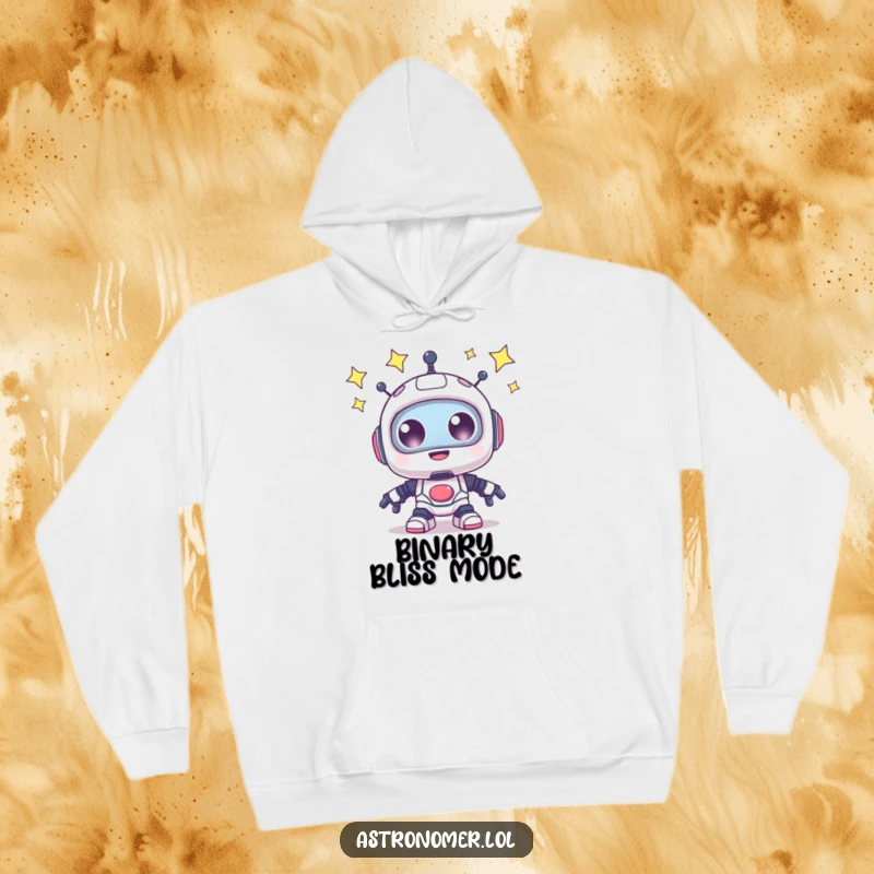 Funny Hoodie: A happy robot contemplates the starry sky with wide, enchanting, sparkling eyes.