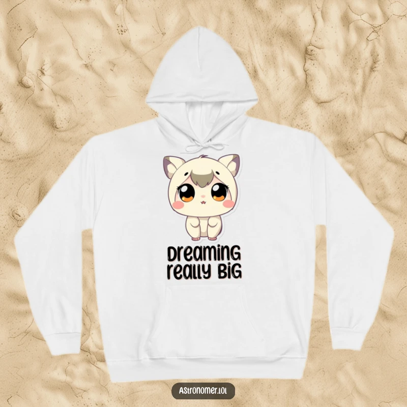 Funny Hoodie of a small character stargazing with comically large, delighted eyes, feeling the vastness.