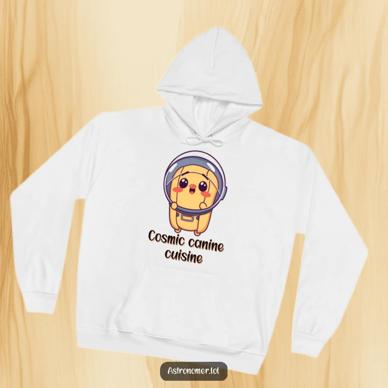 Funny surprised hot dog wearing a tiny astronaut helmet, comfortable and humorous space hoodie, gag gift apparel.