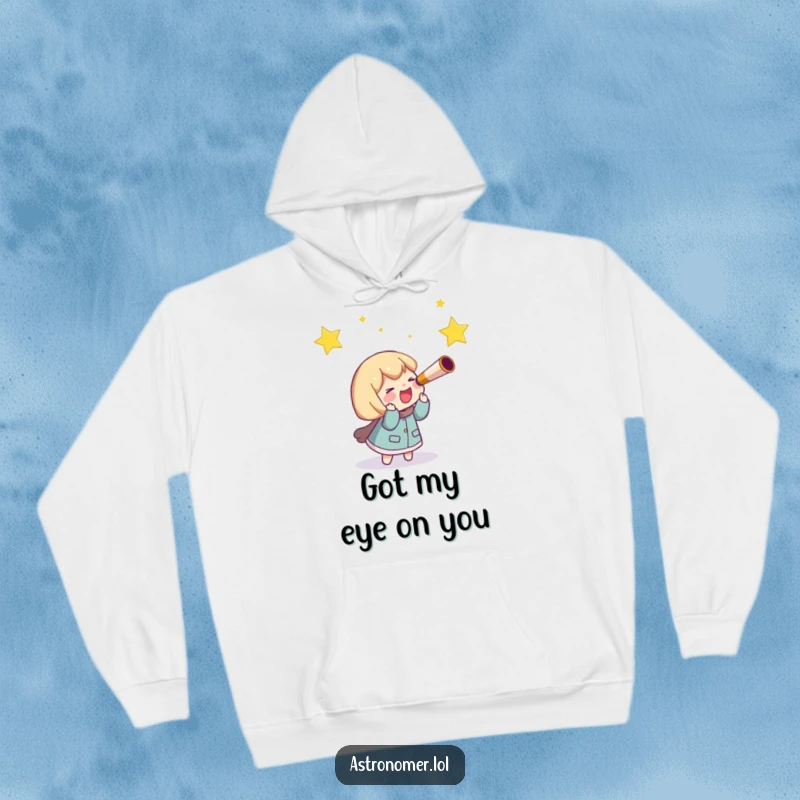 Funny Hoodie: A character with a telescope giggles with delight while actively chasing a fast-moving shooting star across the sky.