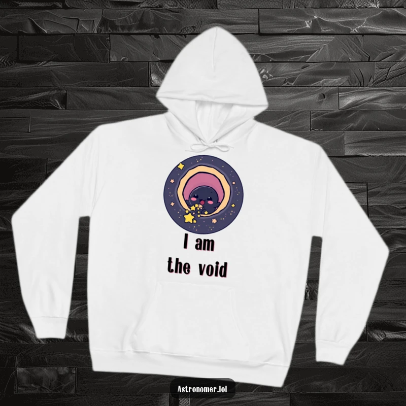 Funny cheerful black hole character playfully slurping up small stars, cozy and humorous hoodie.