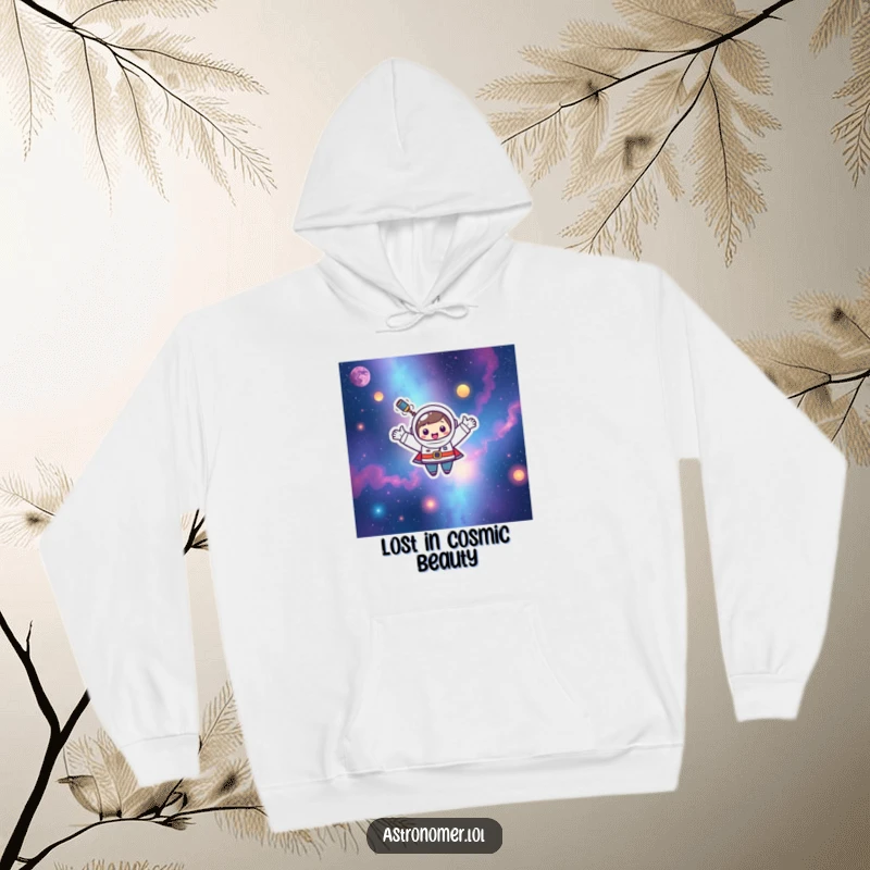 Funny Kawaii astronomer character humorously floating among colorful nebulae with arms outstretched on this cozy hoodie.