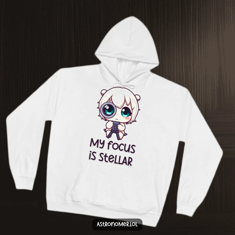 Funny Hoodie: Cozy apparel featuring a cute character with dramatically wide eyes looking through a telescope in space.