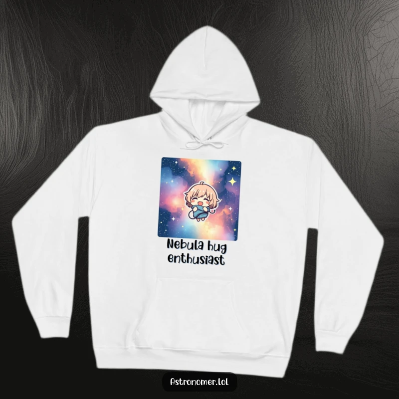 Funny hoodie design of a character comically tangled in a swirling starry nebula, expressing pure amusement and cozy disorientation.