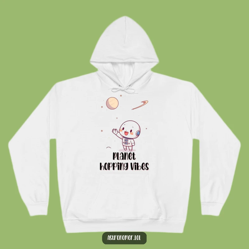 Funny Space Traveler Hoodie: Character Waves at Planet, Cozy Adventure Gift