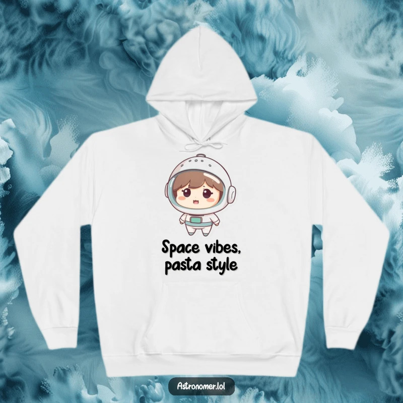 Funny Hoodie: Cute character looks amused wearing a colander as a space helmet, highlighting creative and humorous approaches to exploration.