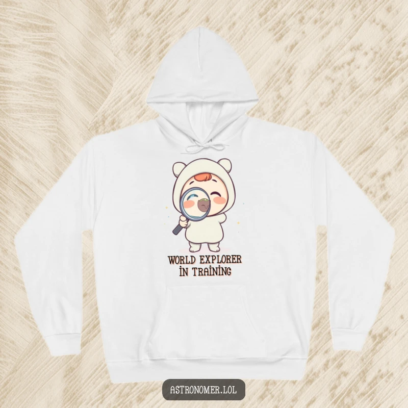Funny hoodie showing a delighted character intently holding a magnifying glass to a tiny planet, conveying a humorous sense of scientific discovery and wonder.