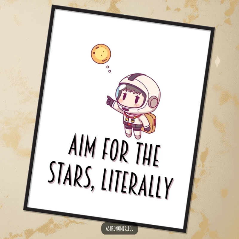 Funny Free Printable Wall Art: Character in space helmet playfully pointing at a vast, star-filled galaxy.
