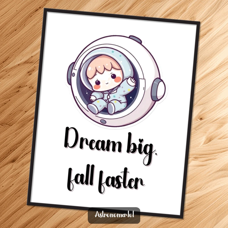 Funny Free Printable Wall Art: Character wearing pajamas with stars tumbles comically out of a spaceship hatch.