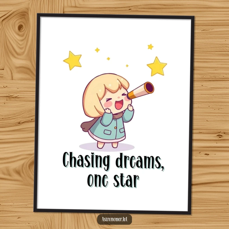Funny Free Printable Wall Art: Character with telescope joyfully giggling while humorously chasing a shooting star through space.