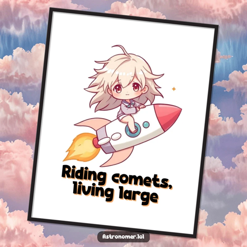 Free Printable Wall Art: A character dynamically riding a comet as a rocket, hair whipping in the wind, capturing the exhilaration of space.