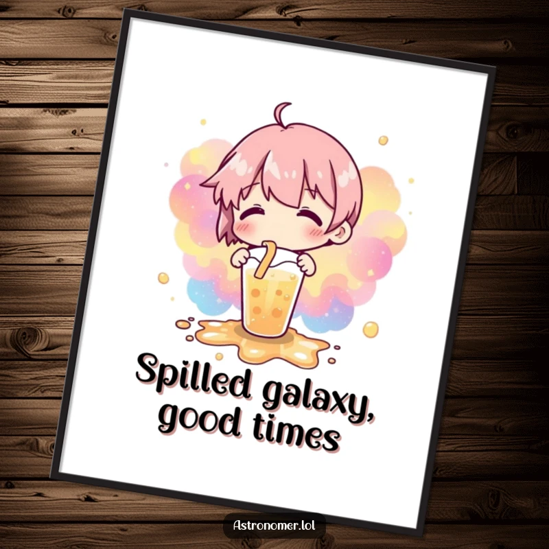 Free Printable Wall Art: A spilled drink magically transforming into a vibrant nebulae, combining humor and cosmic beauty for your walls.