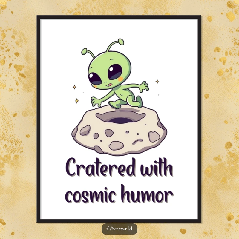 Funny Free Printable Wall Art: A silly alien comically tripping over a large moon crater, looking surprised and clumsy.