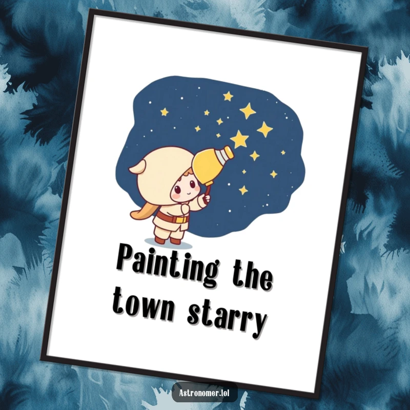 Funny Free Printable Wall Art: Mischievous Kawaii astronomer character playfully painting stars onto a dark night sky.